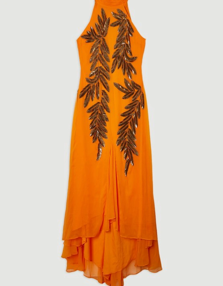 Halter Neck Feather Sequin Detail Woven Maxi Dress