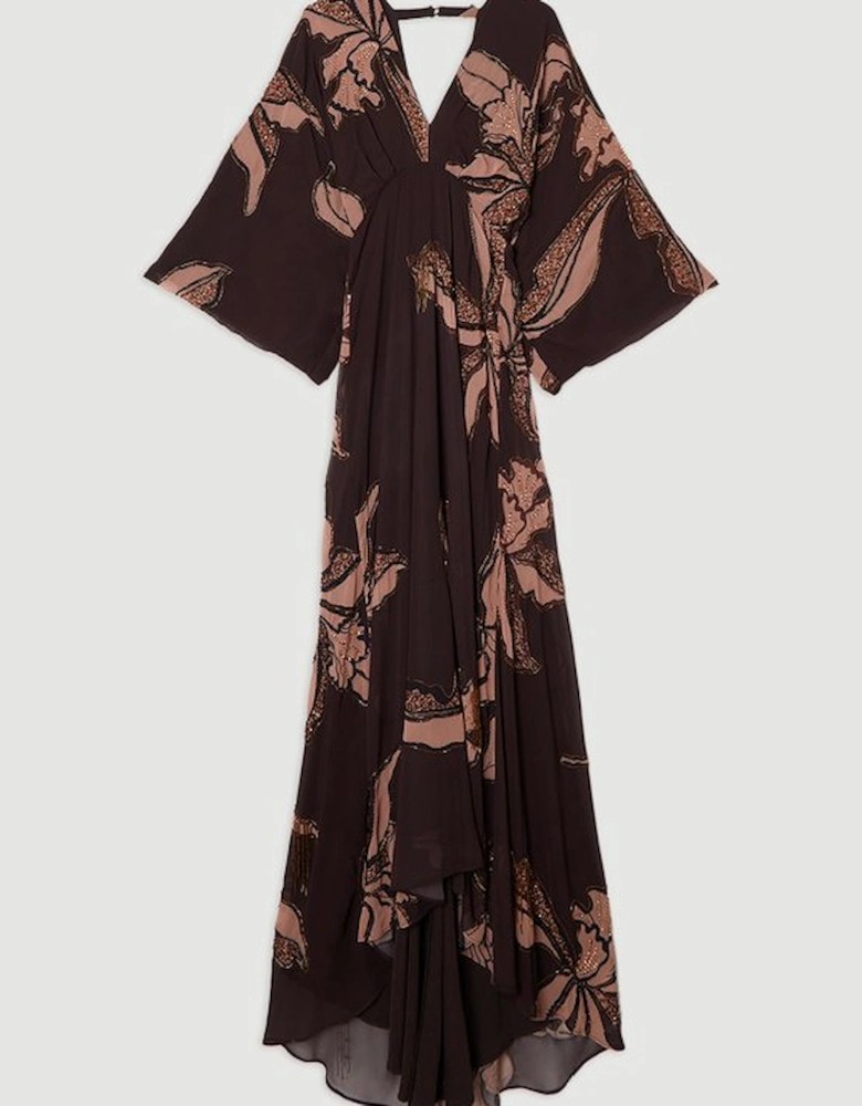 Drama Kimono Sleeve Printed And Beaded Woven Maxi Dress