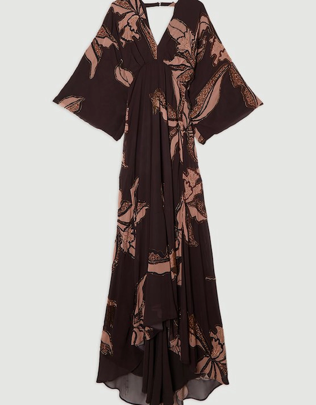 Drama Kimono Sleeve Printed And Beaded Woven Maxi Dress
