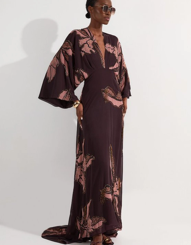Drama Kimono Sleeve Printed And Beaded Woven Maxi Dress