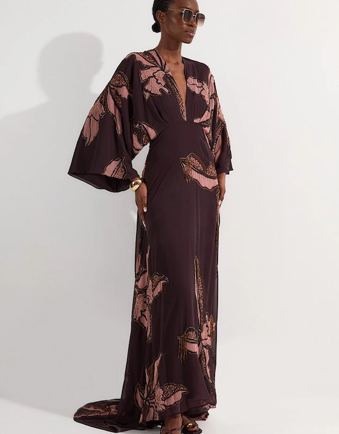 Drama Kimono Sleeve Printed And Beaded Woven Maxi Dress