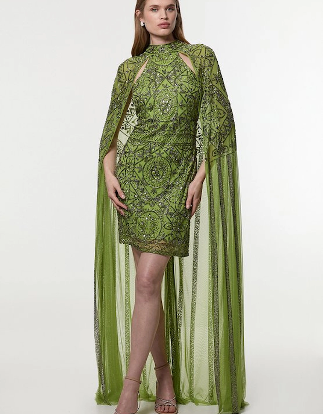 Premium Beading And Embellished Woven Cape Detail Mini Dress