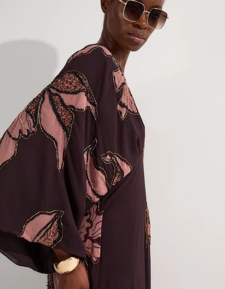 Drama Kimono Sleeve Printed And Beaded Woven Maxi Dress