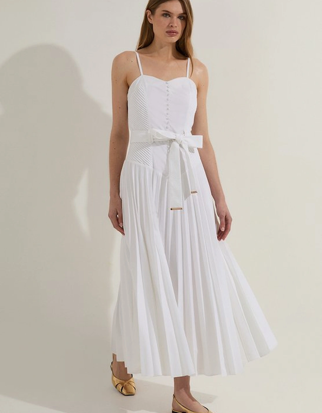Tall Cotton Top Stitch Dropped Waist Woven Strappy Midi Dress, 5 of 4