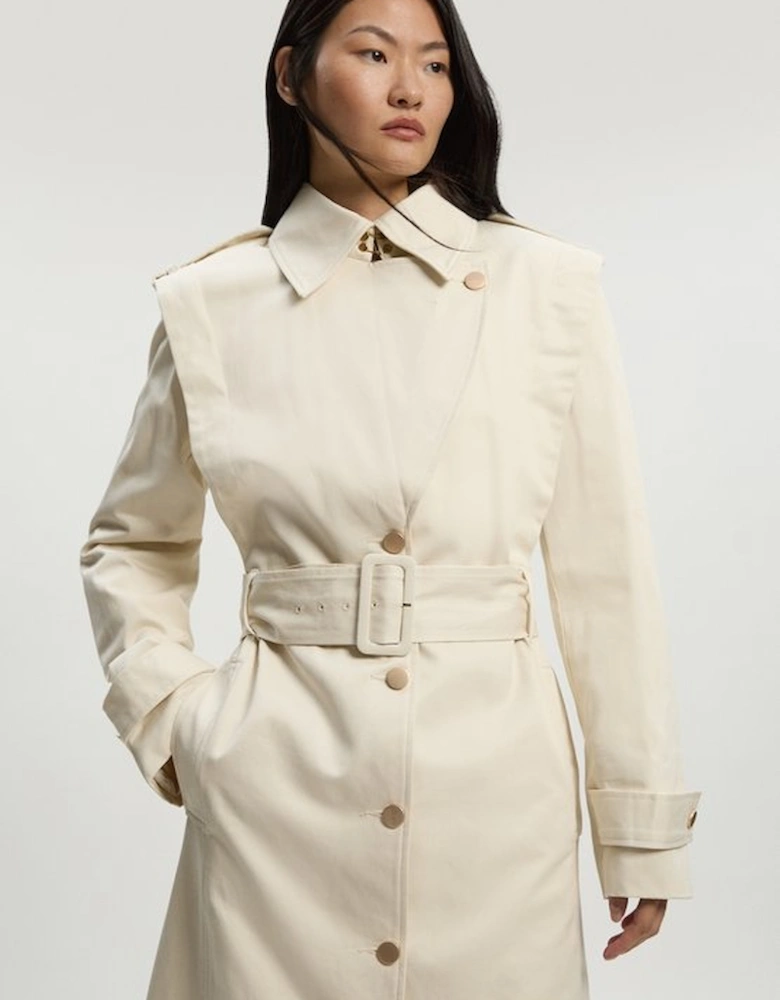 Strong Shoulder Belted Midi Trench Coat