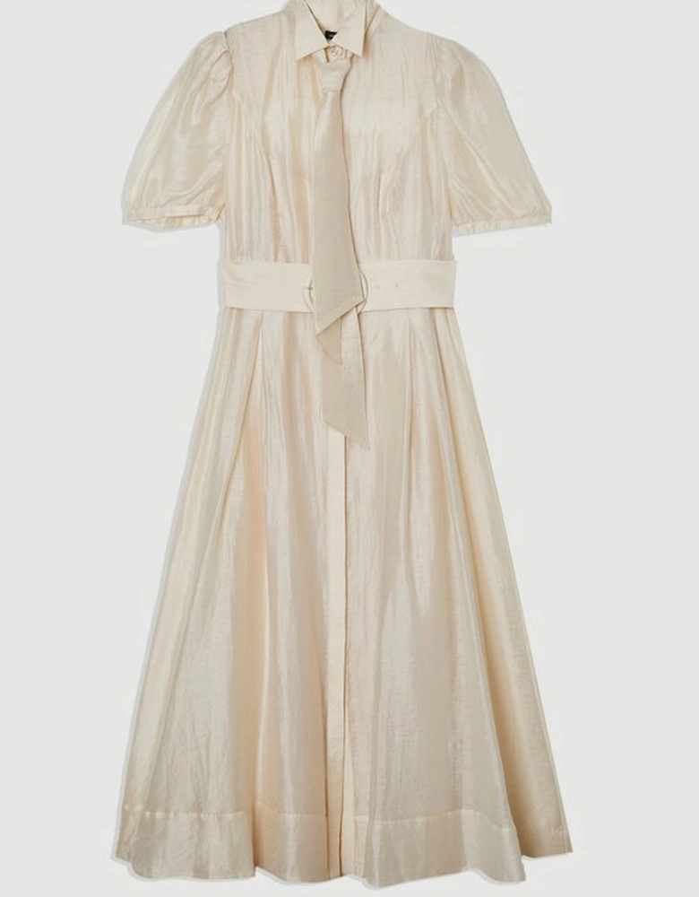 Organdie Tie Neck Woven Midi Dress