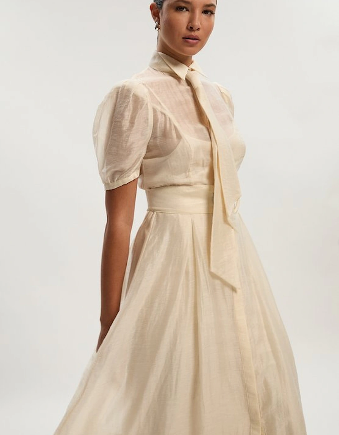 Organdie Tie Neck Woven Midi Dress