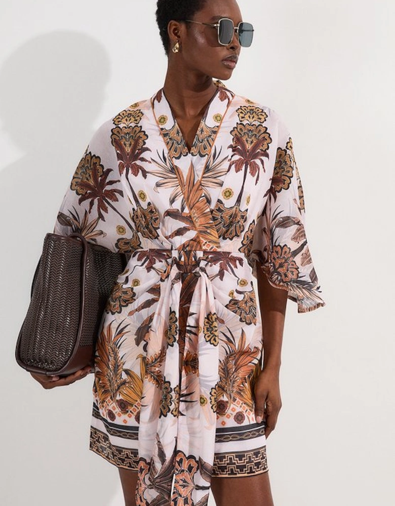 Petite Abstract Print Cotton Kimono Sleeve Woven Mini Dress