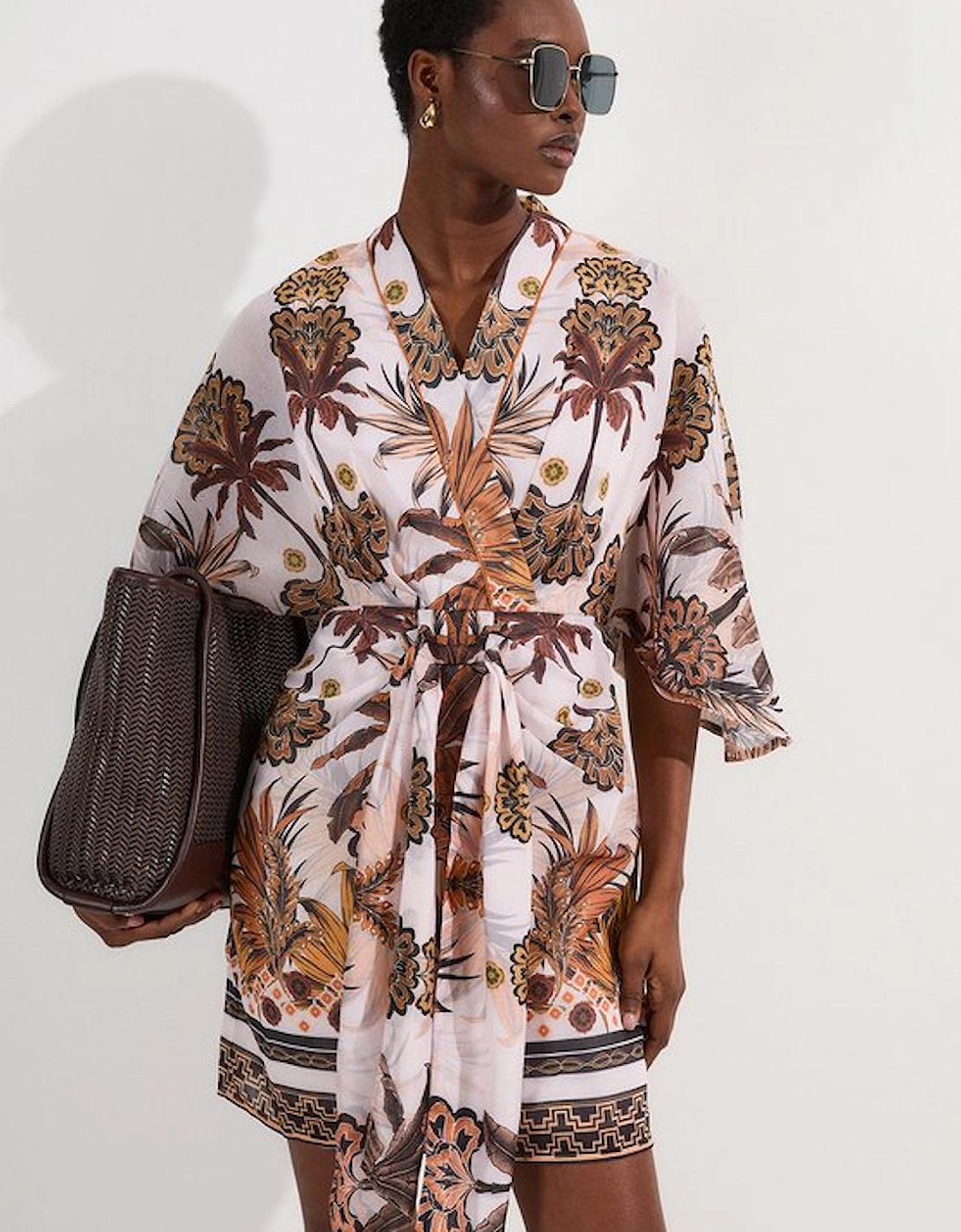 Petite Abstract Print Cotton Kimono Sleeve Woven Mini Dress, 4 of 3