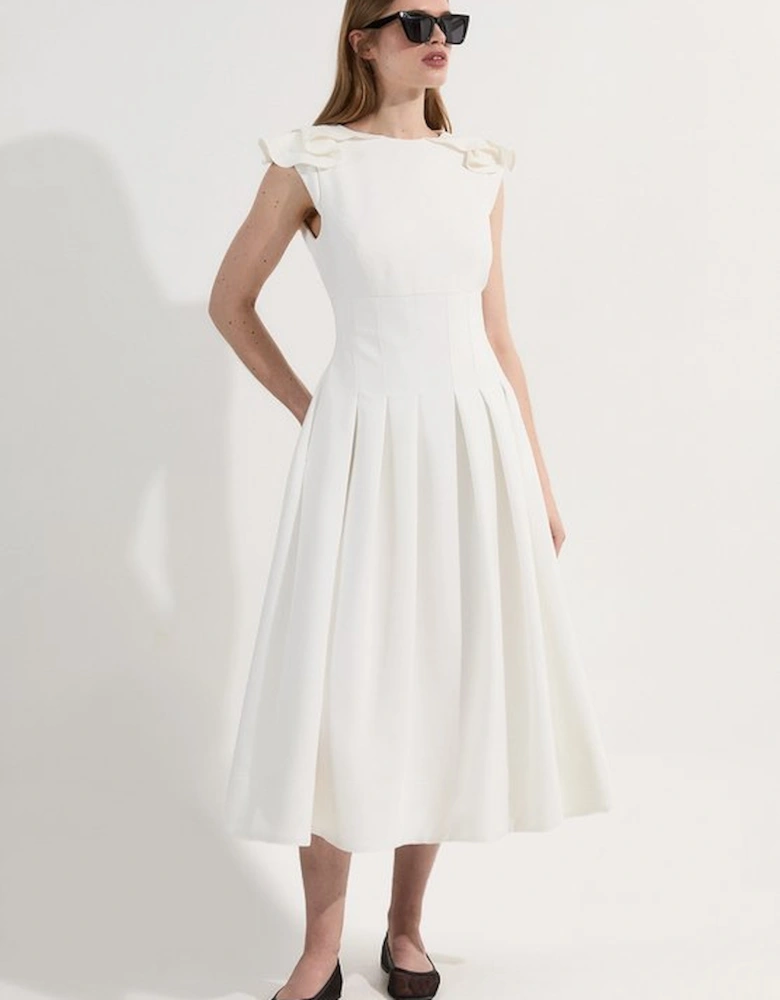 Structured Crepe Ruffle Shoulder Tailored Full Skirted Midi Dress