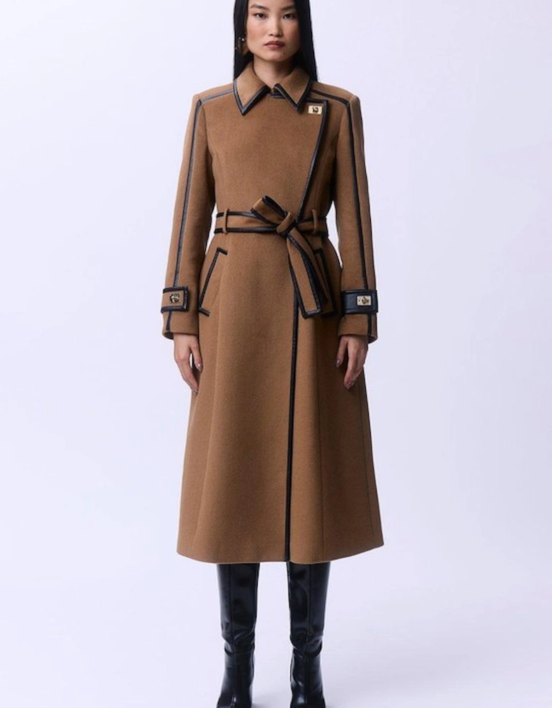 Brushed Wool Pu Trim Belted Tailored Double Breasted Midi Coat