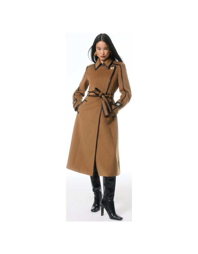 Brushed Wool Pu Trim Belted Tailored Double Breasted Midi Coat