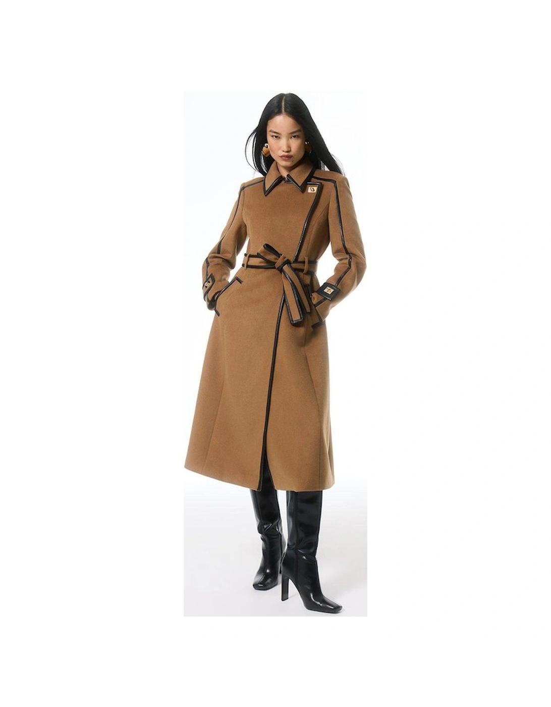 Brushed Wool Pu Trim Belted Tailored Double Breasted Midi Coat, 5 of 4