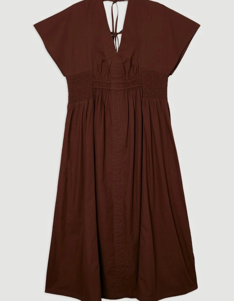 Shirred Cotton Woven Plunge Neck Short Sleeve Maxi Dress