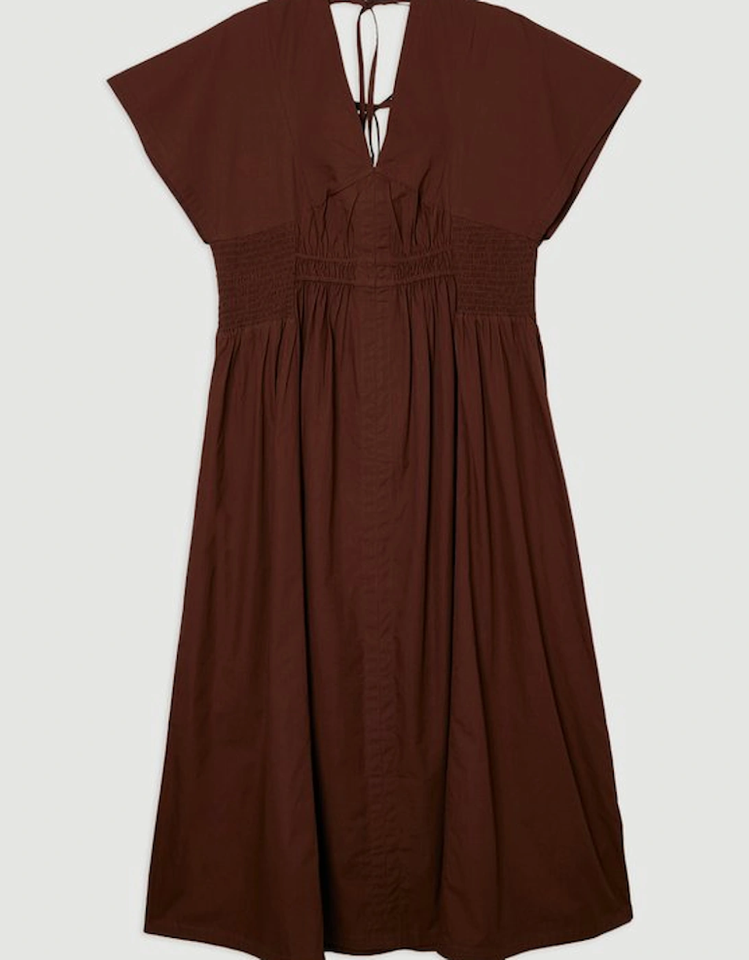 Shirred Cotton Woven Plunge Neck Short Sleeve Maxi Dress