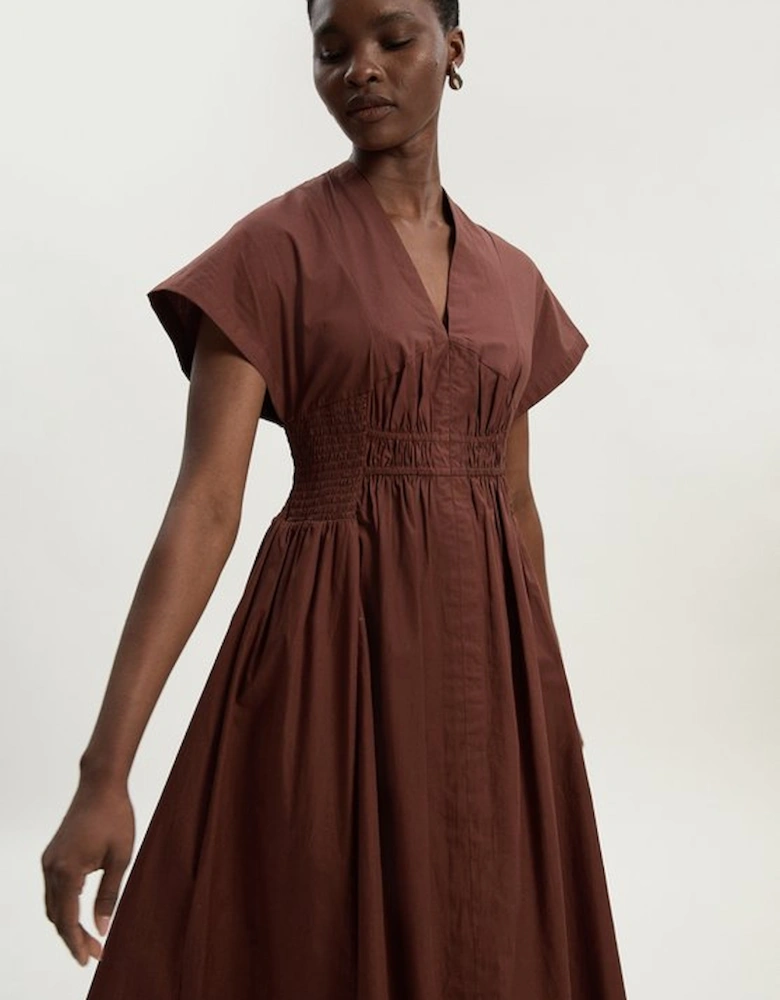 Shirred Cotton Woven Plunge Neck Short Sleeve Maxi Dress