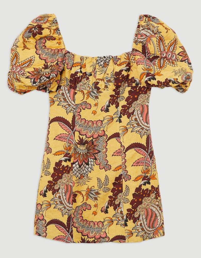 Petite Paisley Viscose Linen Woven Puff Sleeve Mini Dress