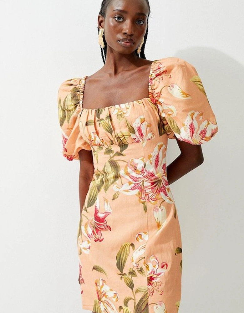 Petite Paisley Viscose Linen Woven Puff Sleeve Mini Dress