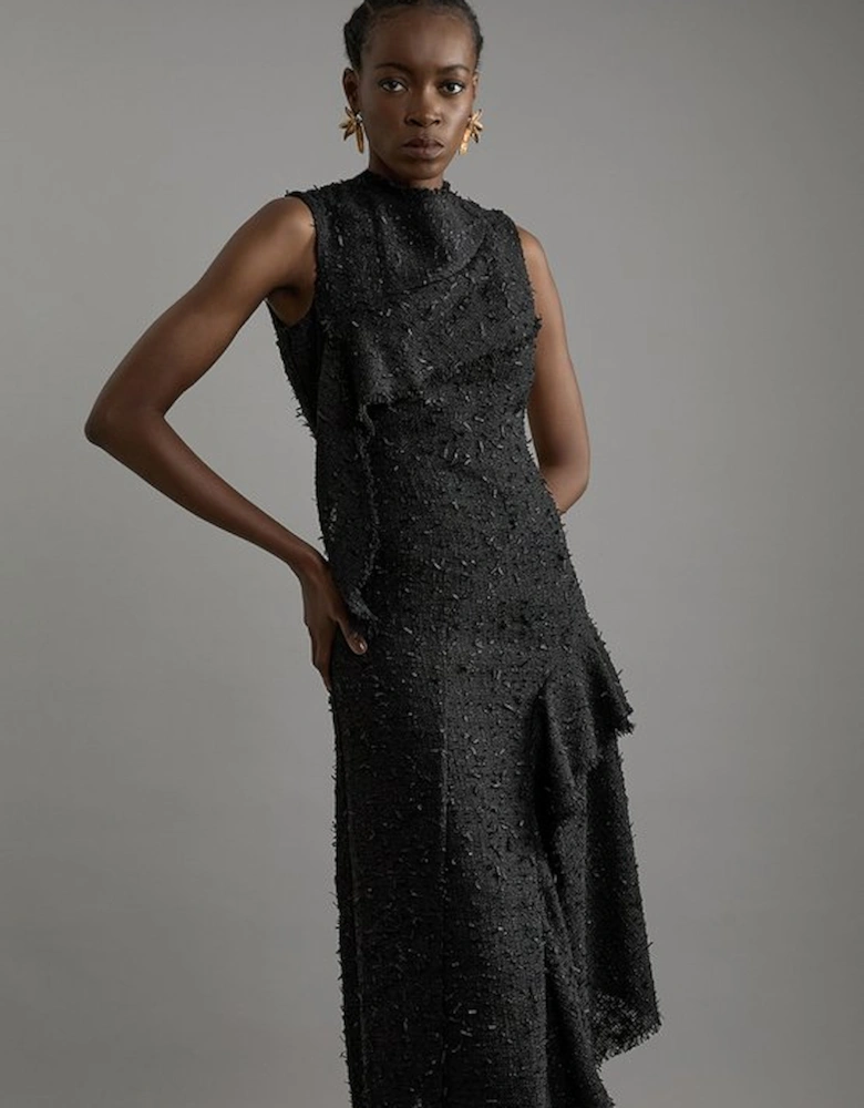 Metallic Boucle Tailored Sleeveless Asymmetric Midaxi Dress