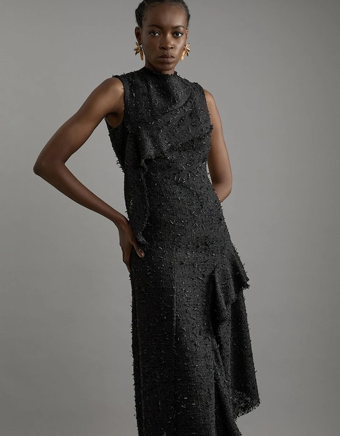 Metallic Boucle Tailored Sleeveless Asymmetric Midaxi Dress