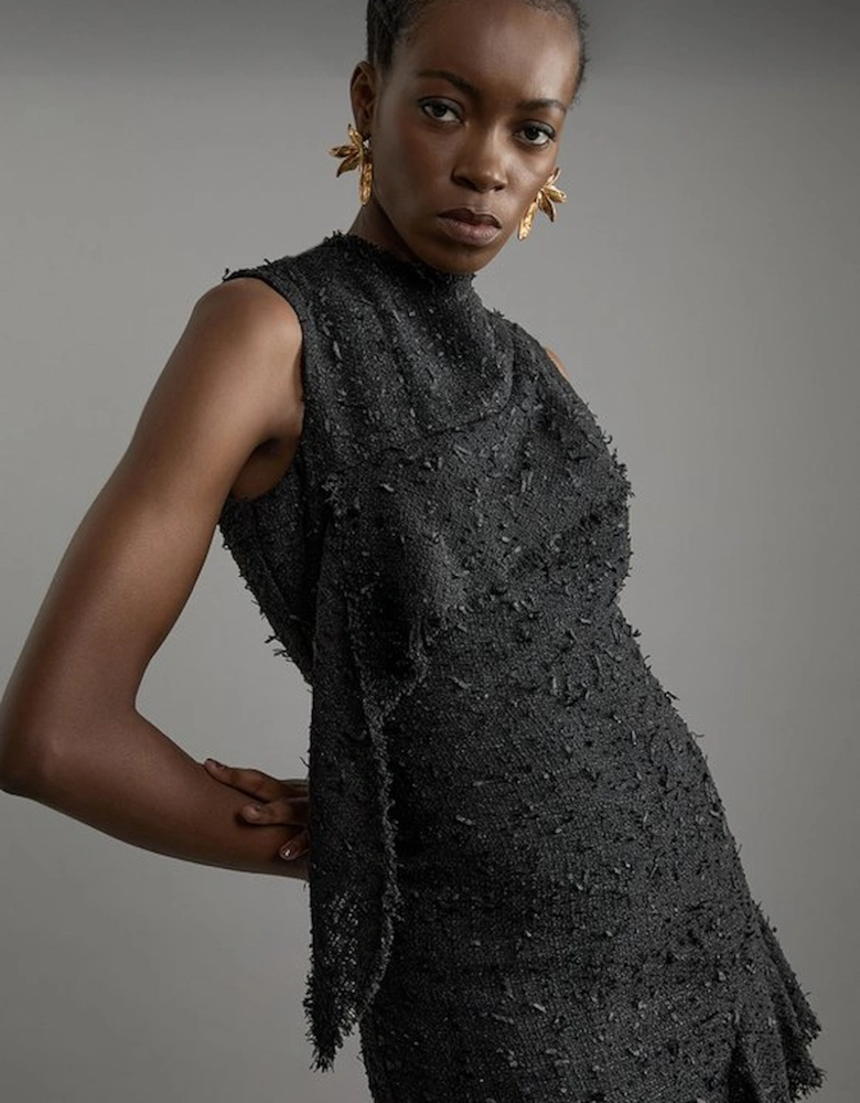 Metallic Boucle Tailored Sleeveless Asymmetric Midaxi Dress