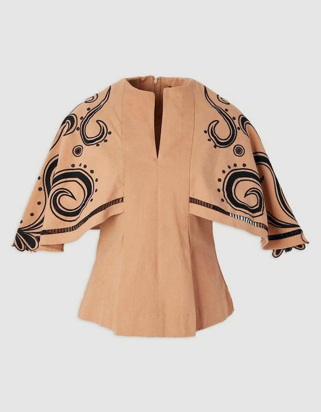 Plus Size Baroque Embroidered Cape Sleeve Woven Twill Top