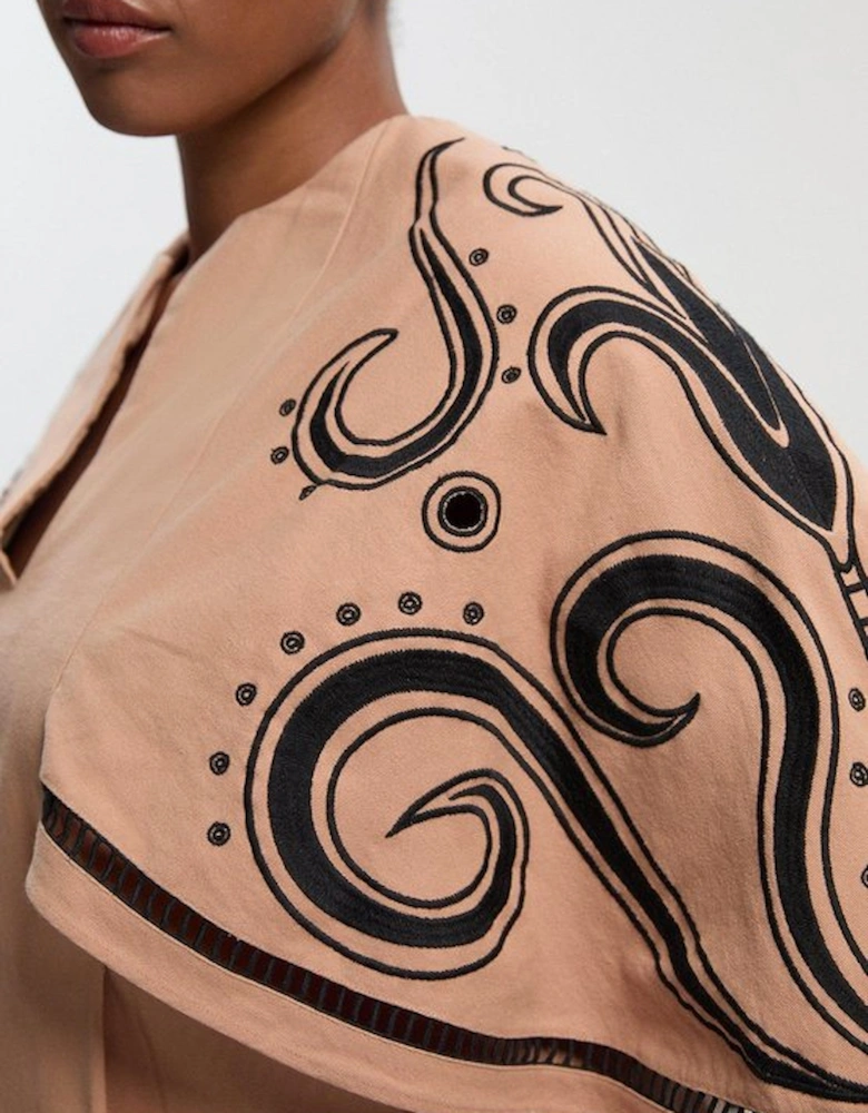 Plus Size Baroque Embroidered Cape Sleeve Woven Twill Top