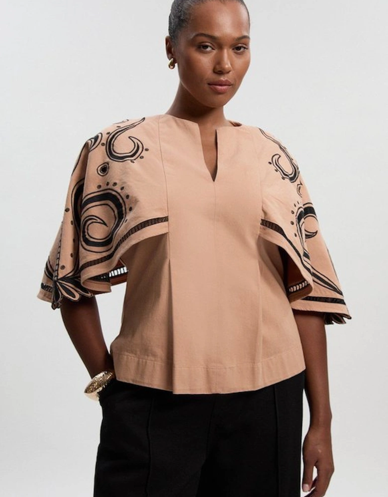 Plus Size Baroque Embroidered Cape Sleeve Woven Twill Top