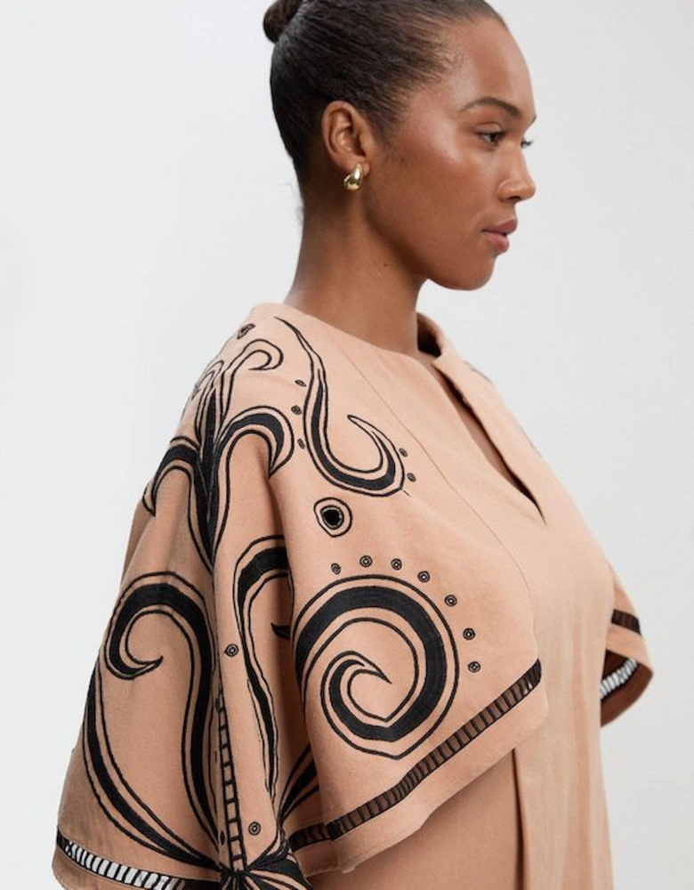 Plus Size Baroque Embroidered Cape Sleeve Woven Twill Top