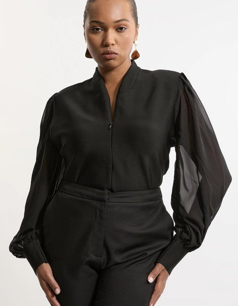 Plus Size Bandage Figure Form Zip Detail Chiffon Sleeve Knit Top