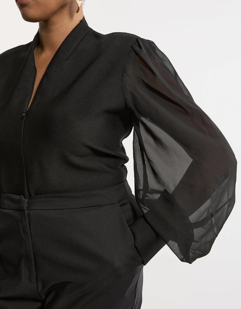 Plus Size Bandage Figure Form Zip Detail Chiffon Sleeve Knit Top