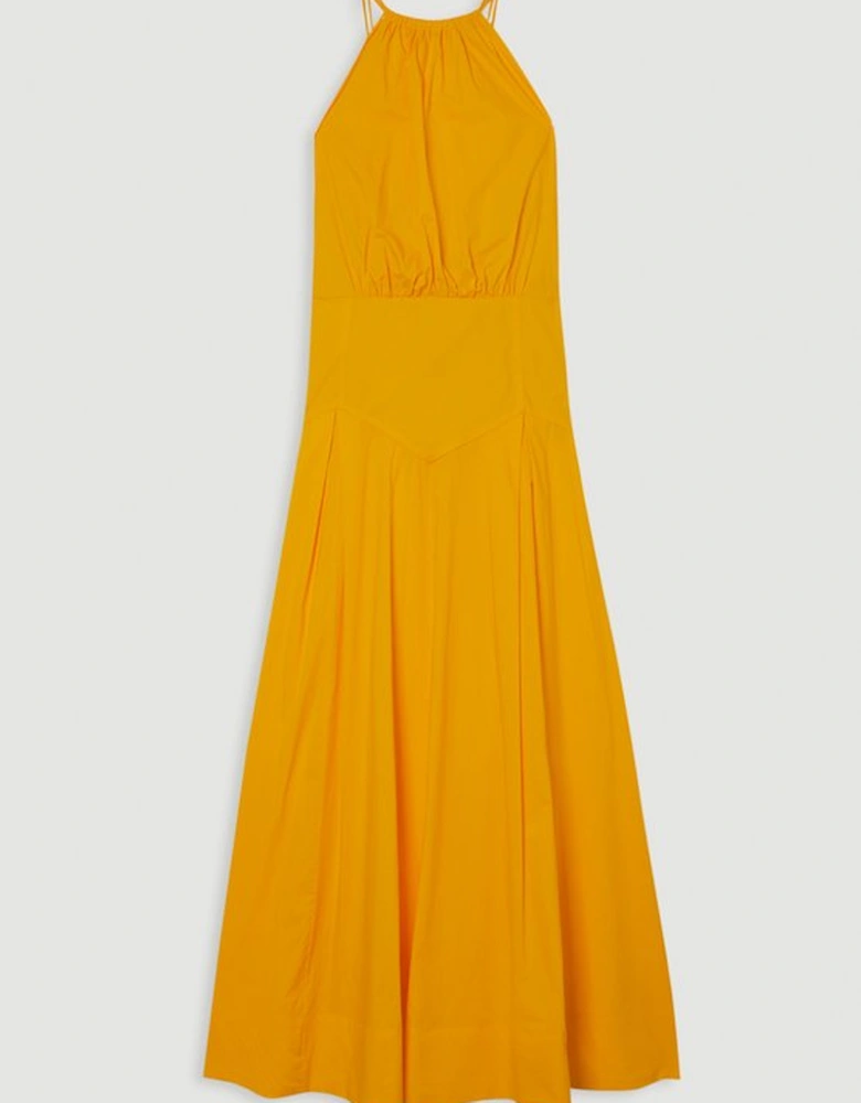 Cotton Halter Neck Woven Midi Dress With Dropped Waist Detail