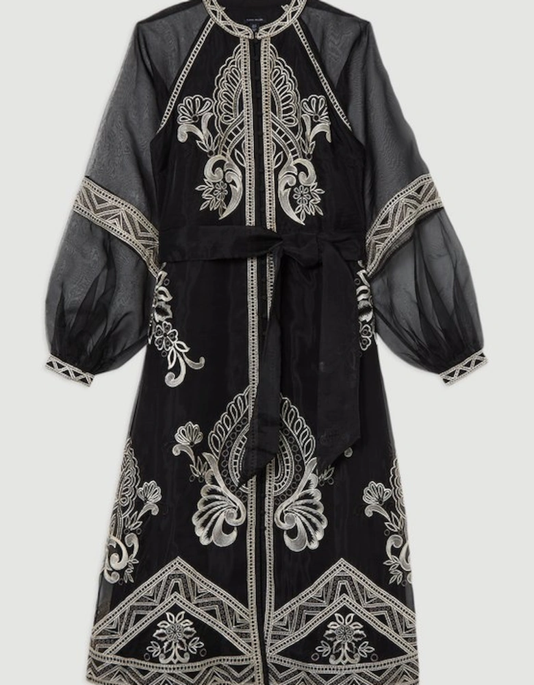 Embroidered Organdie Balloon Sleeve Woven Maxi Dress