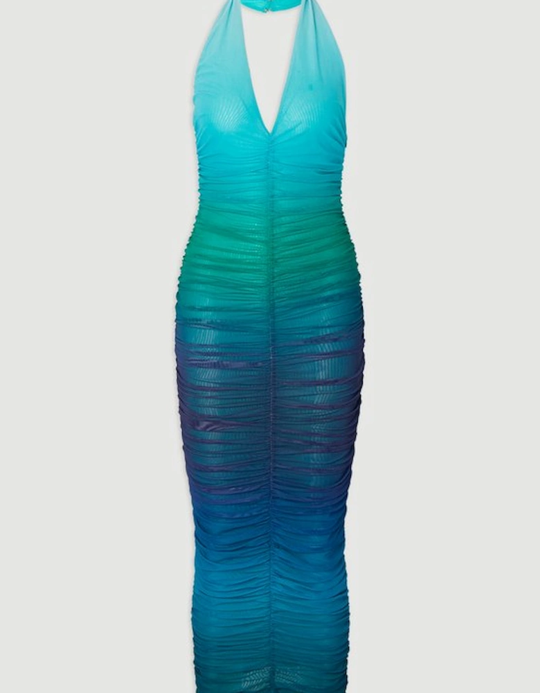 Ombre Mesh Plunge Halter Neck Midi Dress