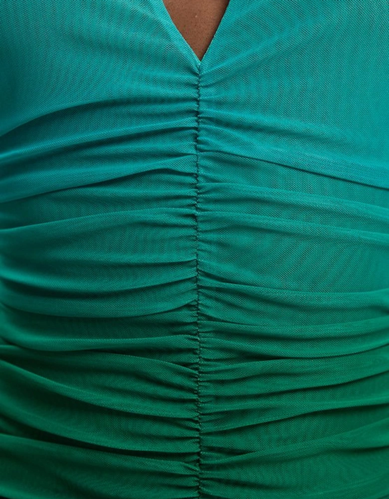 Ombre Mesh Plunge Halter Neck Midi Dress