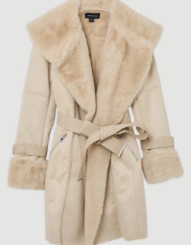 Faux Shearling Collar & Cuff Belted Short Coat