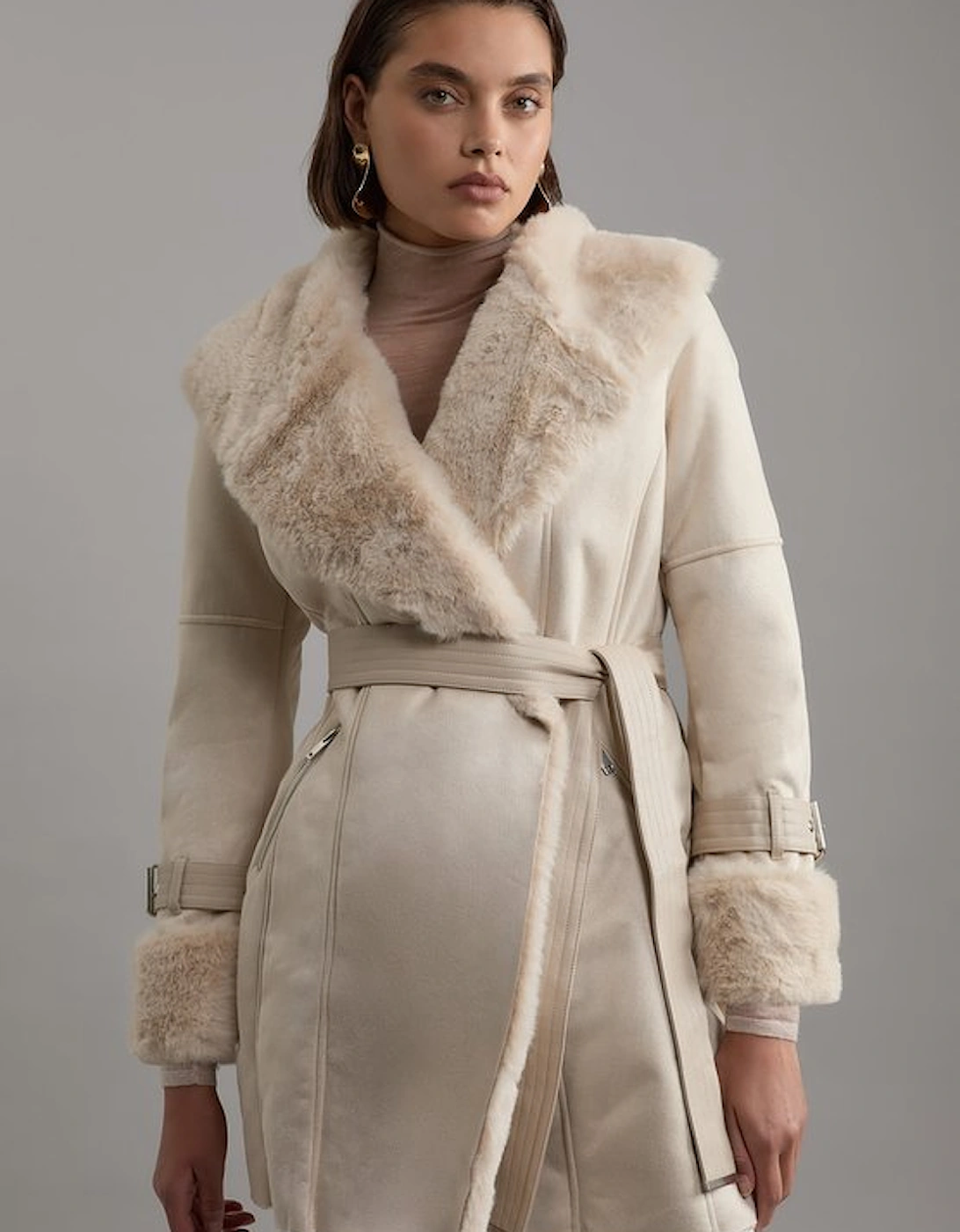 Faux Shearling Collar & Cuff Belted Short Coat, 2 of 1