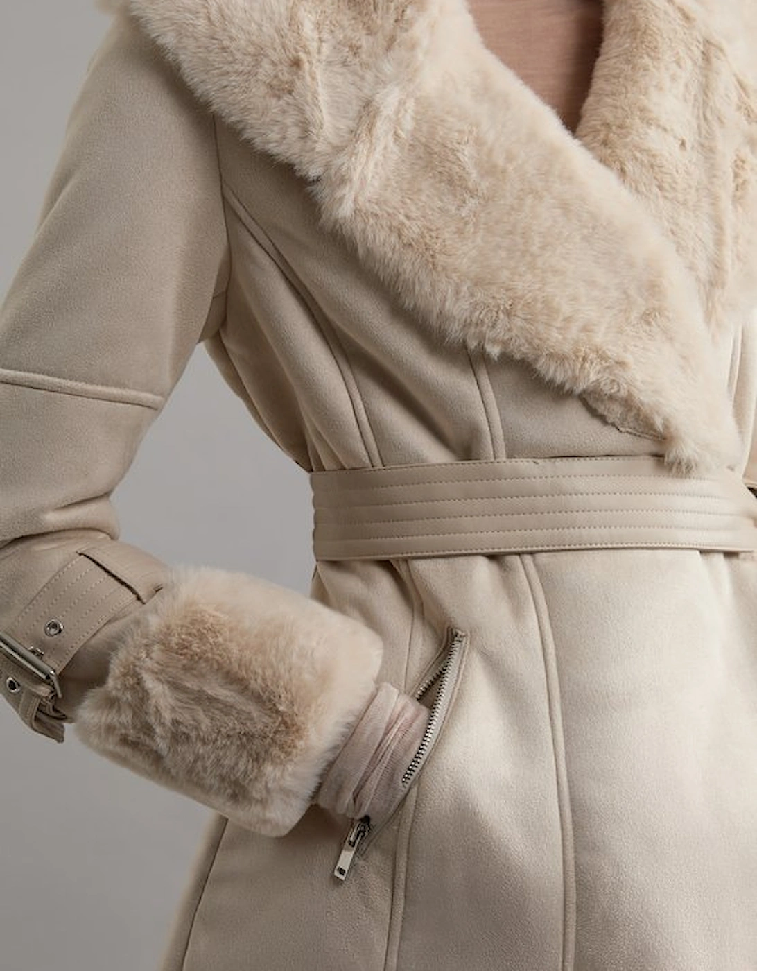 Faux Shearling Collar & Cuff Belted Short Coat