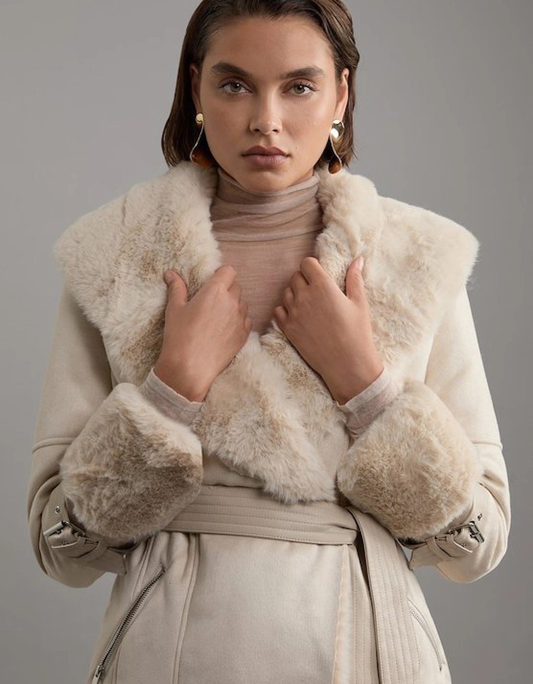 Faux Shearling Collar & Cuff Belted Short Coat