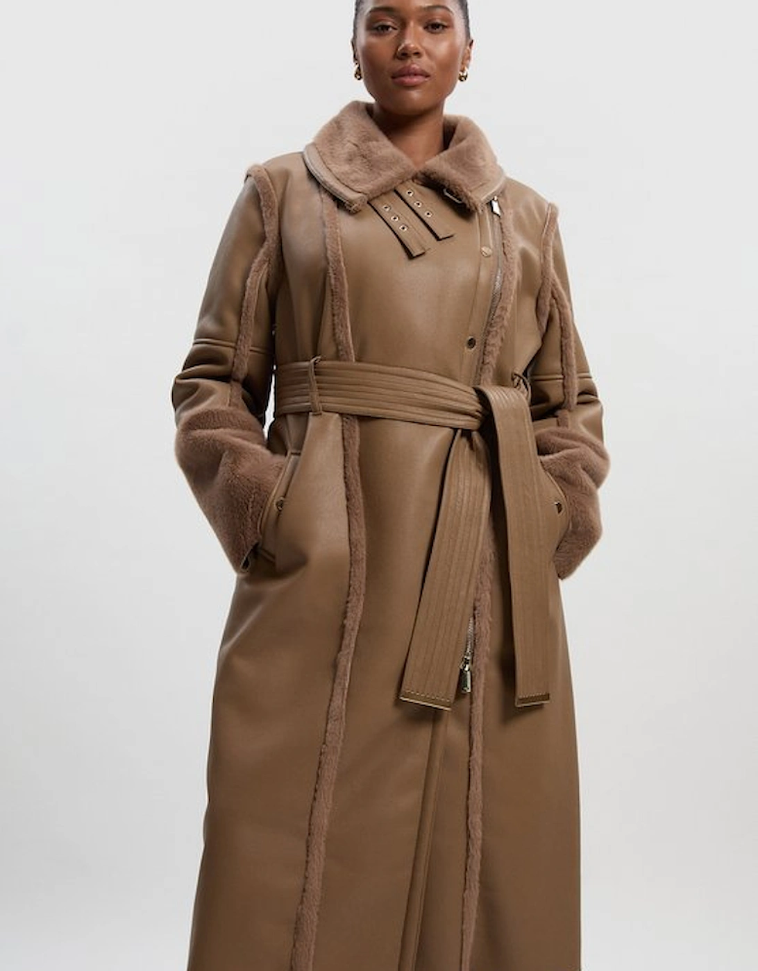 Plus Size Faux Fur Buckle Detail Belted Biker Midi Coat