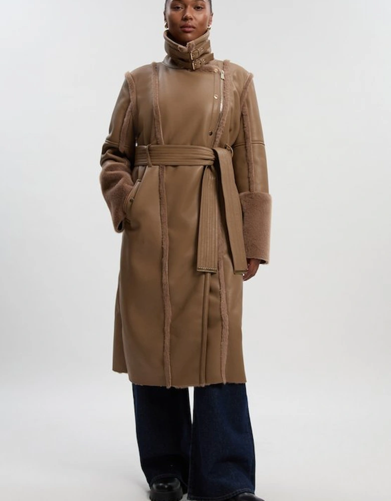 Plus Size Faux Fur Buckle Detail Belted Biker Midi Coat