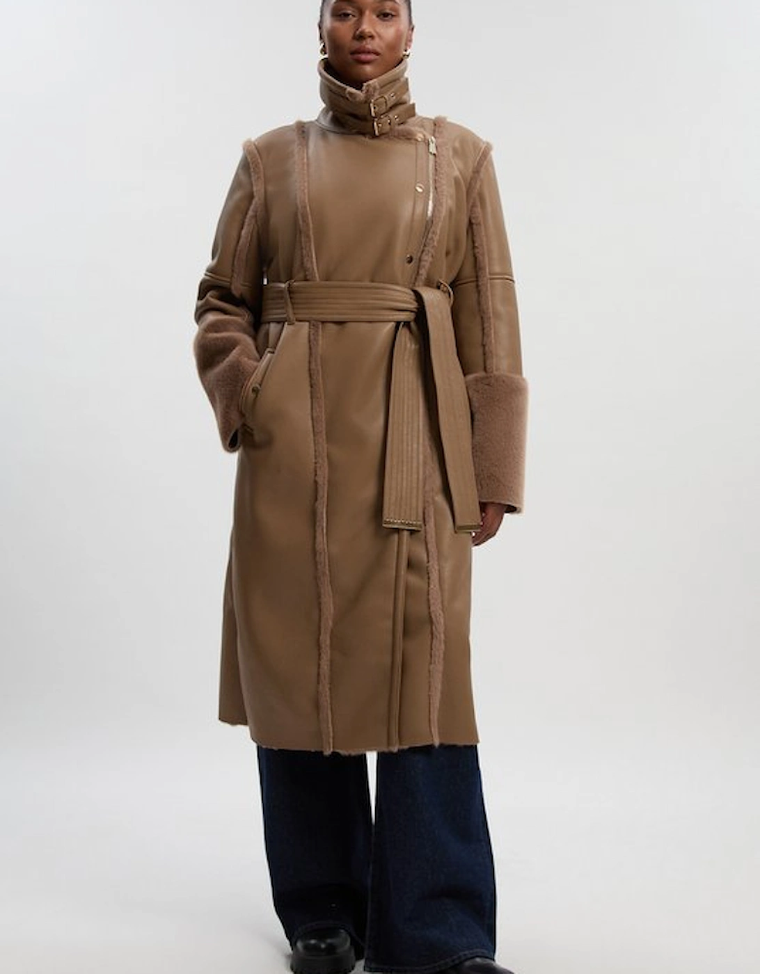 Plus Size Faux Fur Buckle Detail Belted Biker Midi Coat