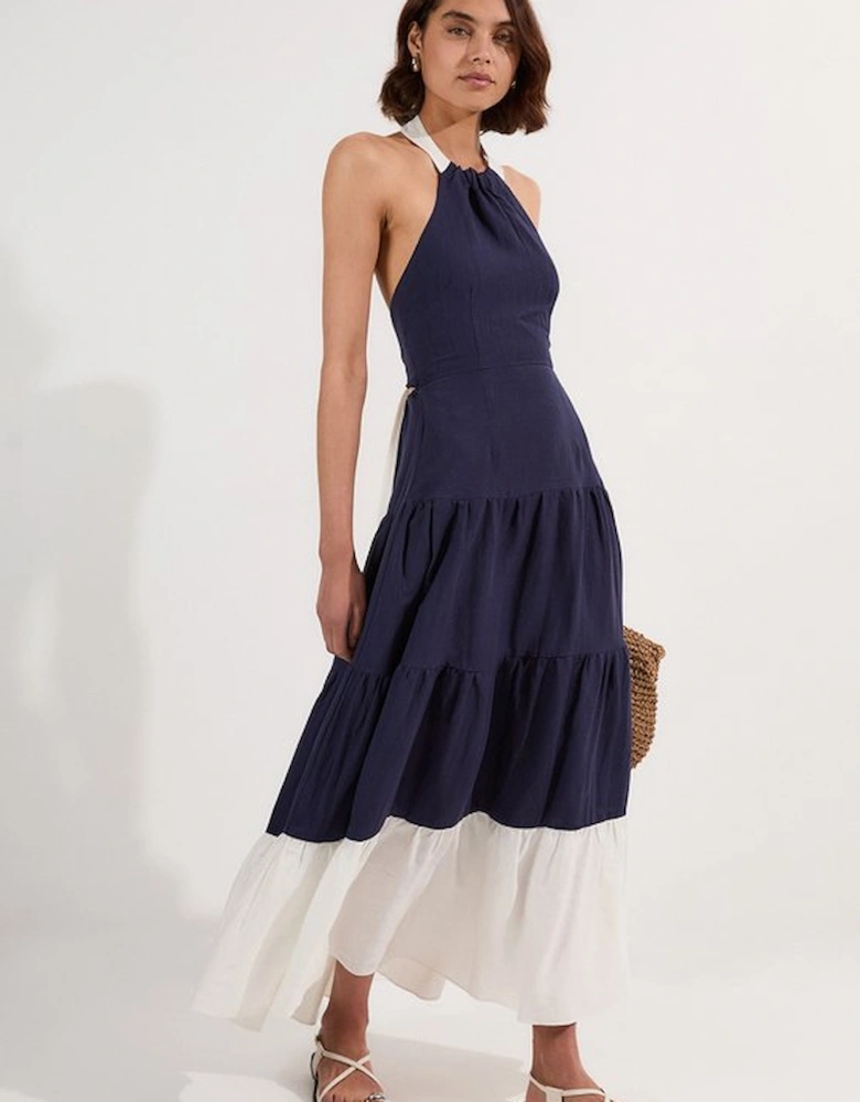Petite Linen Viscose Colour Block Woven Tiered Halter Maxi Dress