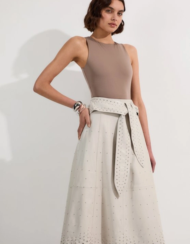 Studded Leather Tie Belted Full Midi Skirt