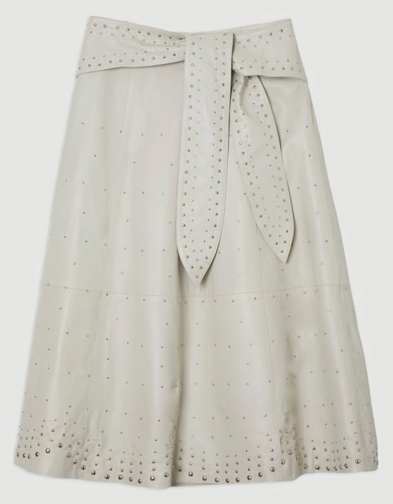 Studded Leather Tie Belted Full Midi Skirt