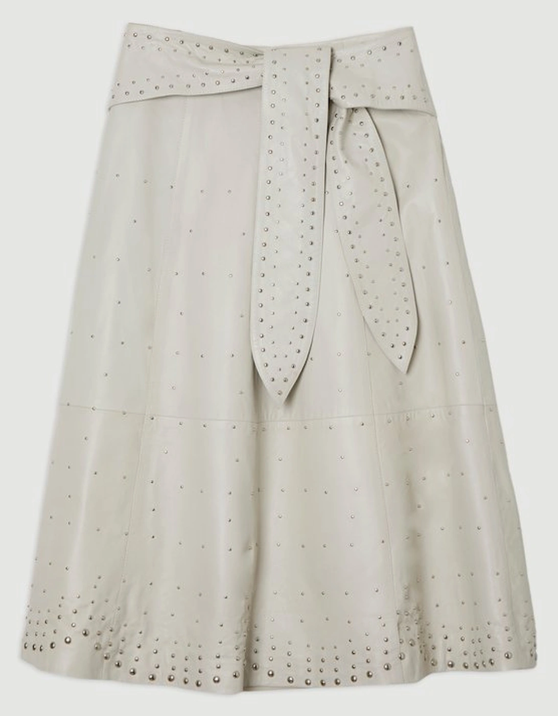 Studded Leather Tie Belted Full Midi Skirt