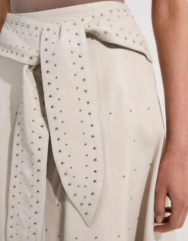 Studded Leather Tie Belted Full Midi Skirt