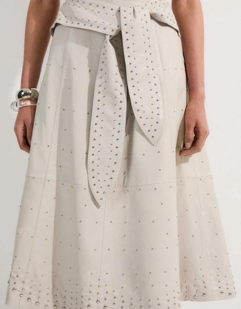 Studded Leather Tie Belted Full Midi Skirt