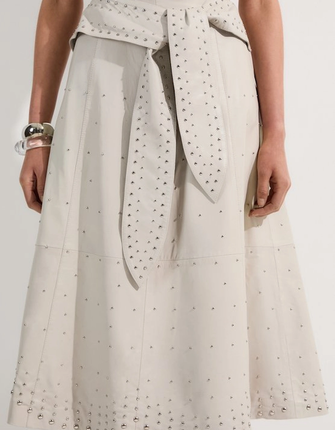 Studded Leather Tie Belted Full Midi Skirt