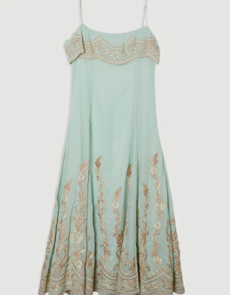 Embroidered Applique Strappy Midi Dress